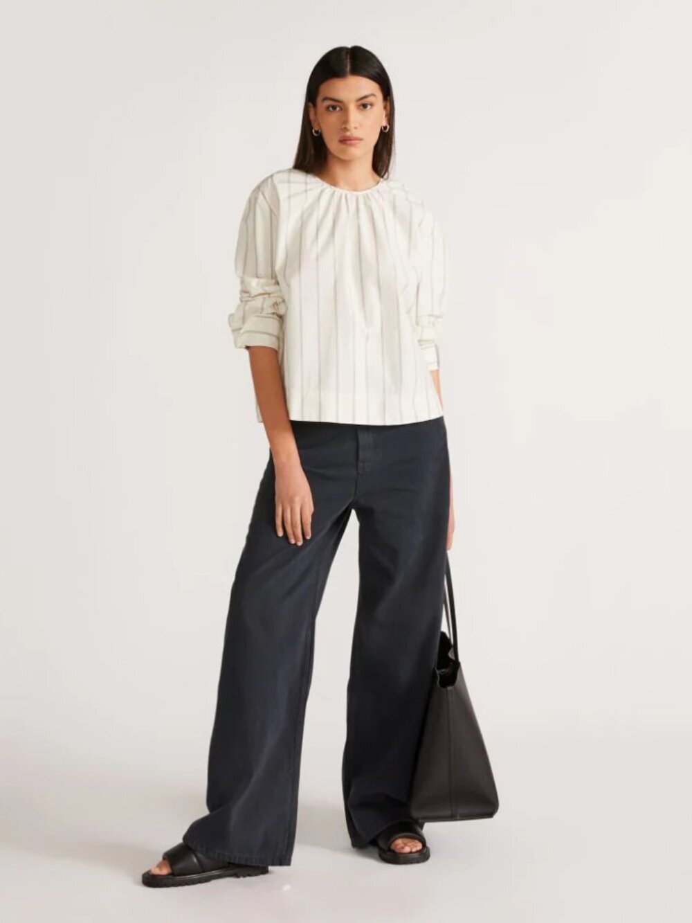 EVERLANE Ivory Striped Cotton Poplin Open Back Breeze Shirt Blouse, Size XS - Picture 3 of 16